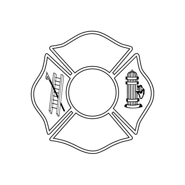 Fire-themed crest decal with circular center and outline fire hydrant and flames