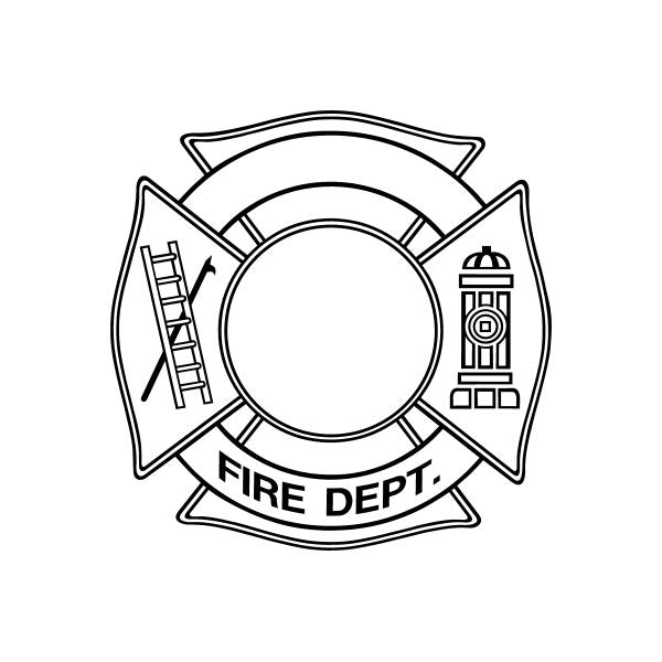 Fire department crest decal with circular badge, ribbon text "FIRE DEPT", fire icons