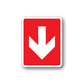 Red fire exit downstairs sticker with white downward arrow