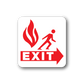 Fire exit safety sticker with red flame, running figure, and EXIT arrow in white box