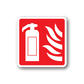 Fire extinguisher here sticker, red square with white extinguisher and flame icons