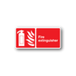 Red rectangle fire extinguisher sticker: white extinguisher icon, flames, text 'Fire extinguisher'.
