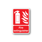 Fire extinguisher sticker with red extinguisher icon and flames, Fire extinguisher text