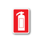 Fire extinguisher warning sticker, red rectangle with white extinguisher icon