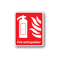 Fire extinguisher sticker, red with white extinguisher and flame icon