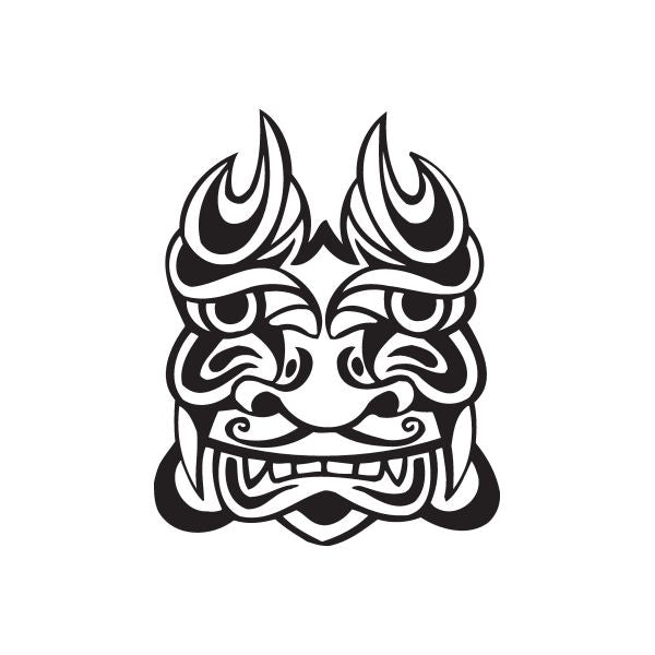 Stylized black tiki face decal with flame-like eyebrows and mischievous expression