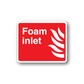 Red fire foam inlet sticker with white text and flame graphic