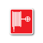 Red fire hose here sticker with white hose and target symbol
