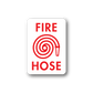 Fire hose here sticker, white rounded square with red FIRE HOSE text and nozzle icon