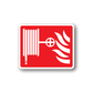 Fire hose and flames sticker, red with white graphic and rounded border