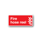 Fire hose reel safety sticker, red with white text and flame icon