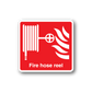 Red square fire hose reel sticker with white hose and flame icon and text