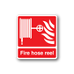 Red fire hose reel sticker with white hose icon, flames, and 'Fire hose reel' text