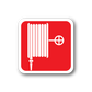 Fire hose sticker, red with white border and hose nozzle crosshair icon