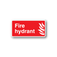 Fire hydrant safety sticker, red rectangle with white border, text and flame icon.