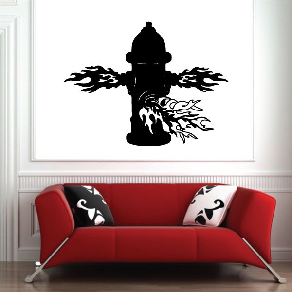 Fire hydrant spraying water wall decal in black with flame-style details