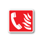 Red sticker with white phone receiver and flame icon