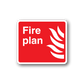 Fire plan sticker, red with white text and flame icon, rounded white border.