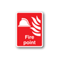 Red square fire point sticker with white border, hose icon and flame graphic