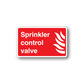 Sprinkler control valve sticker, red with white text and flame icon