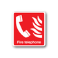 Red square sticker with white fire telephone icon and flames, text
