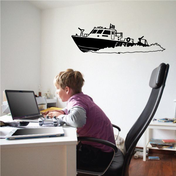 Black firefighter boat decal with outlined rescue vessel shape