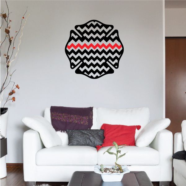Firefighter crest decal with black-and-white zigzag pattern and red stripe