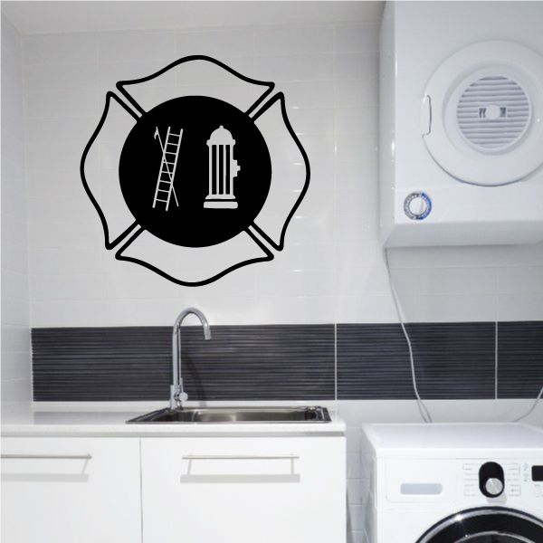 Firefighter emblem crest decal in black with fire helmet and building icon