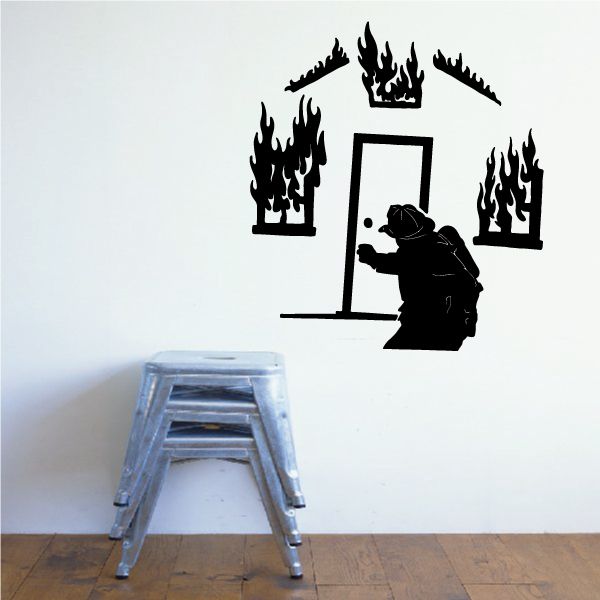 Firefighter going into burning house decal, black silhouette with flames and doorway