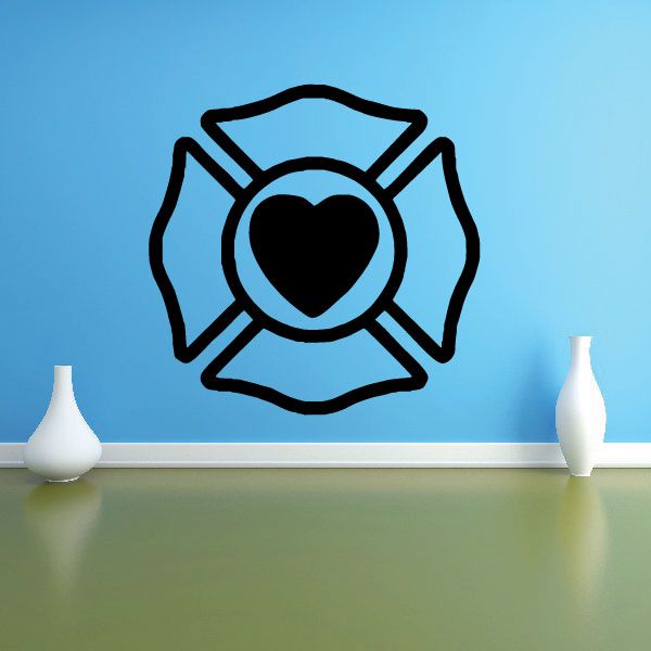 Firefighter heart decal, black badge outline with heart in center