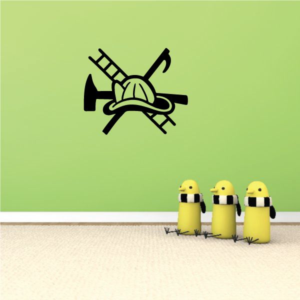 Firefighter helmet and axe decal graphic with crossed tools, black and tan