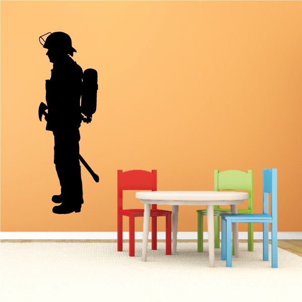 Firefighter in gear decal, black silhouette standing with equipment in hand