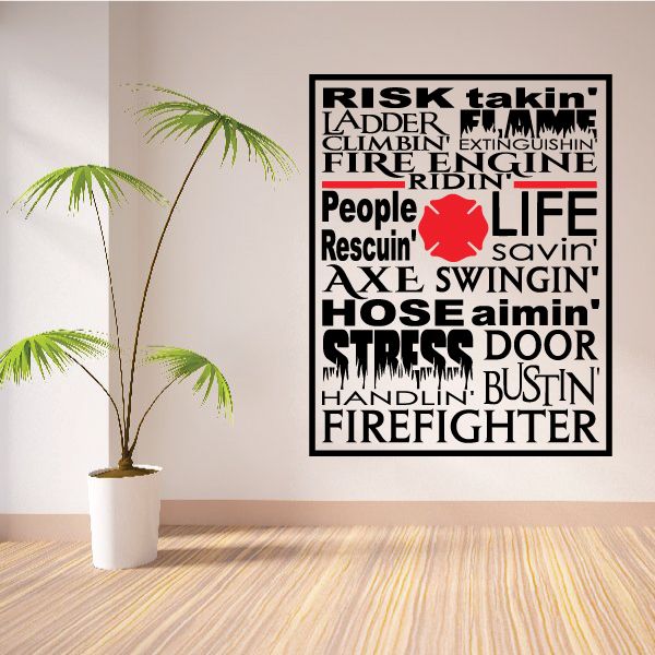 Firefighter word collage decal with red helmet icon and bold white lettering in black square