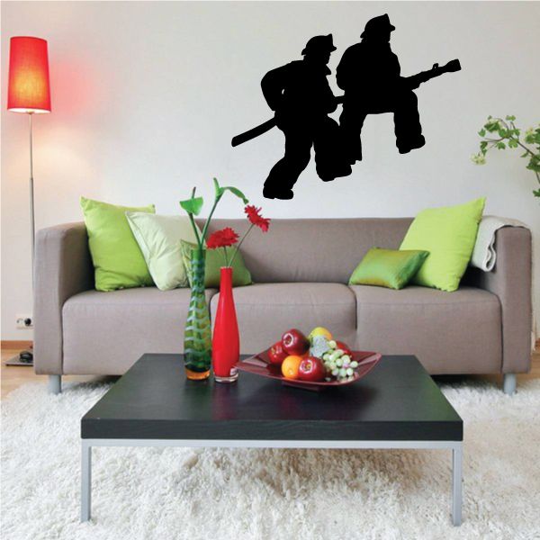 Firefighters holding hose wall decal, black silhouette figures