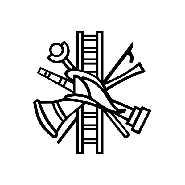 Firefighter emblem decal with crossed firefighting tools line art, black