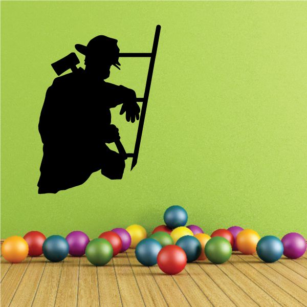 Fireman climbing ladder wall decal, black silhouette