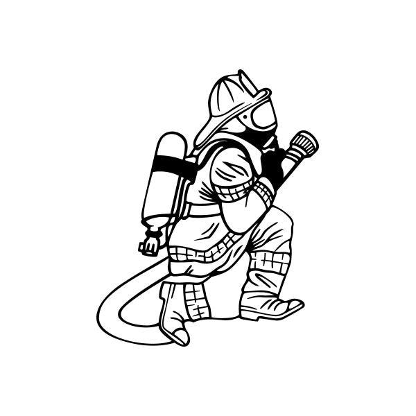 Firefighter in-action decal, line-art firefighter kneeling with hose and helmet