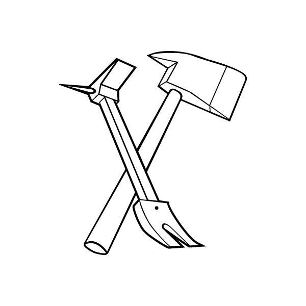 Fireman tools decal, crossed axe and shovel line art