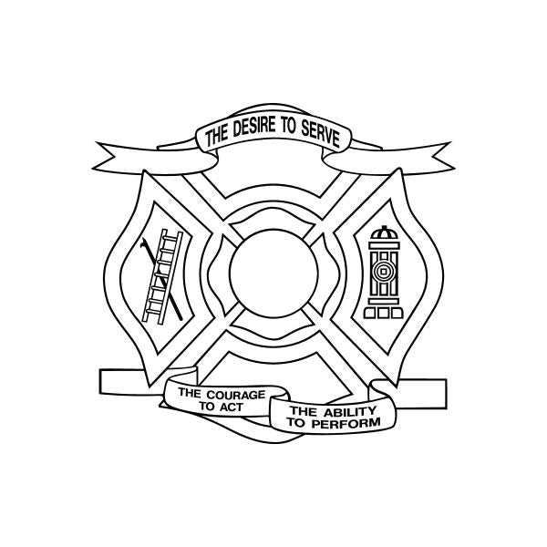 Firemen crest decal with banner text and fire service icons, line art style