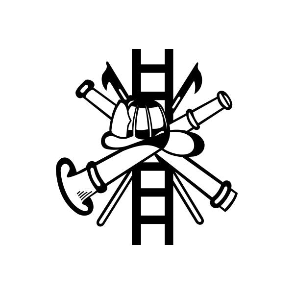 Firemen helmet emblem with crossed tools, black and white