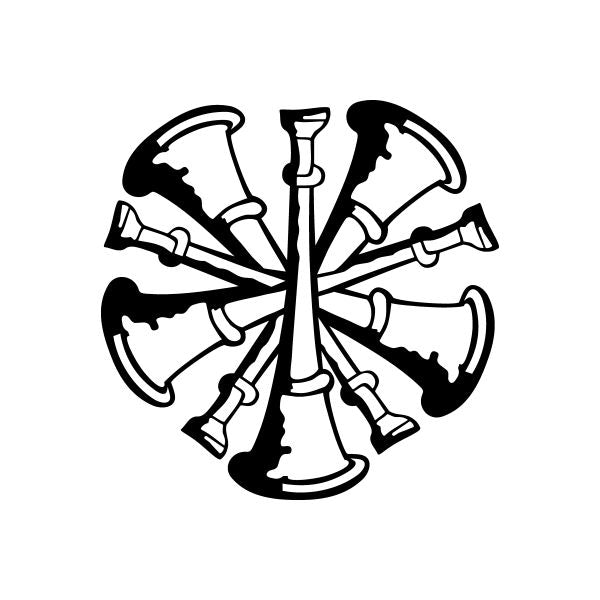 Firemen horns decal with black horn silhouettes around a central trumpet