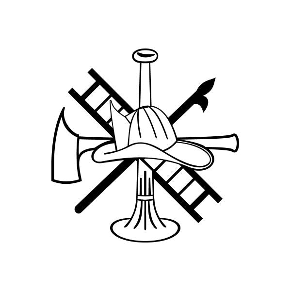Firefighter tools decal with outline helmet, crossed axes, and hose nozzle