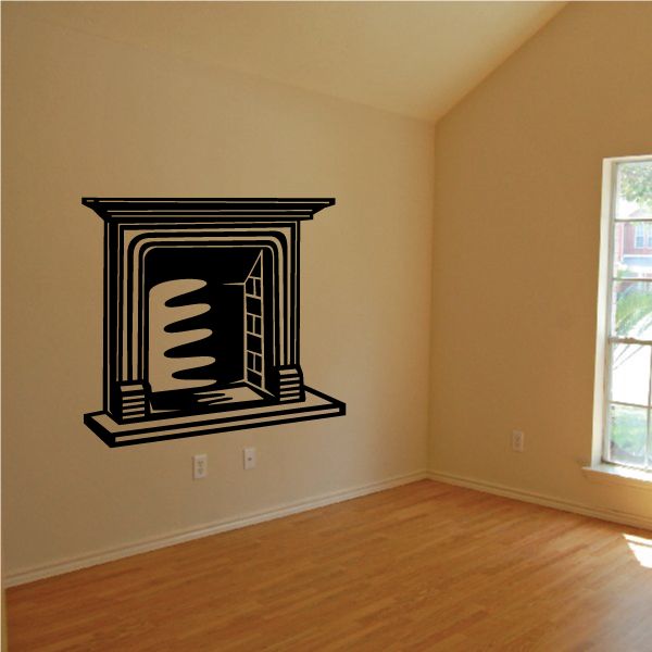 Black fireplace wall decal with arched opening and stylized flames