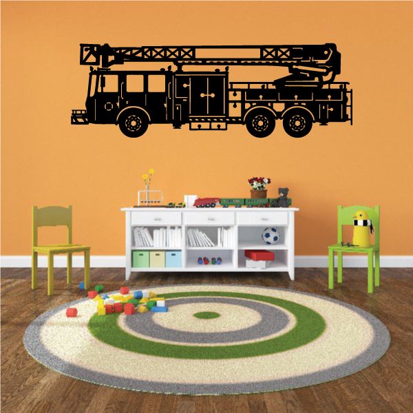 Firetruck wall decal, black fire truck with ladder and multiple wheels