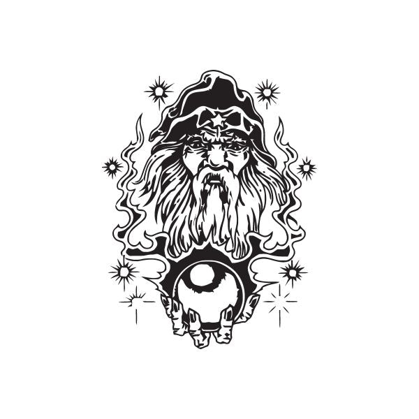 Wizard crystal ball decal with fiery flames and bearded face, black line art