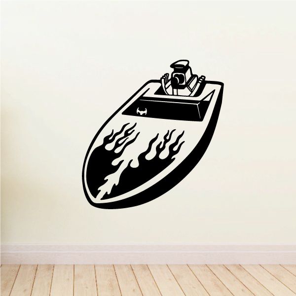 Black speedboat decal with flame design on the hull and steering wheel
