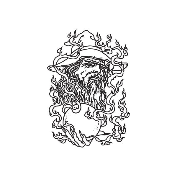 Wizard head decal with flowing flames and detailed beard