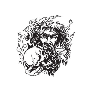 Skull and wizard face decal with flame design