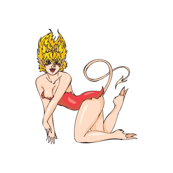 Firey woman sticker of kneeling cartoon woman with yellow flame hair and red outfit