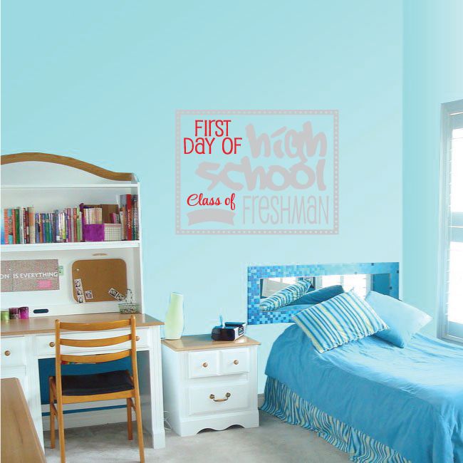 Rectangular wall decal with red and blue First Day of High School text